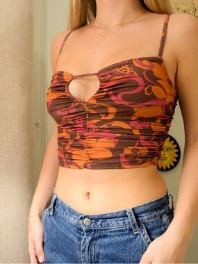 Ruched Keyhole Floral Crop Top - Brown & Orange